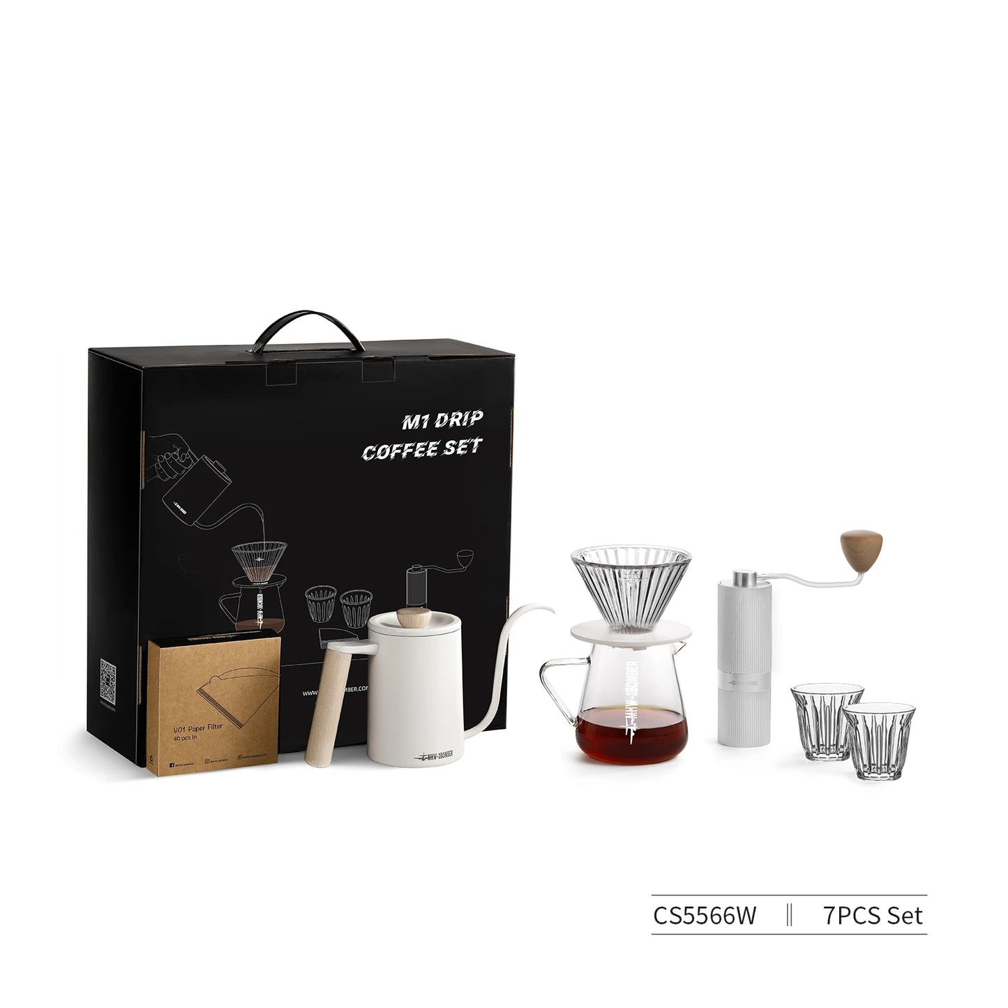 MHW-3BOMBER Deluxe Hand Brewed Coffee Set of 1 Pieces Kitchen Espresso Scale Coffee Grinder and Filter Cups Pour Over Kettle