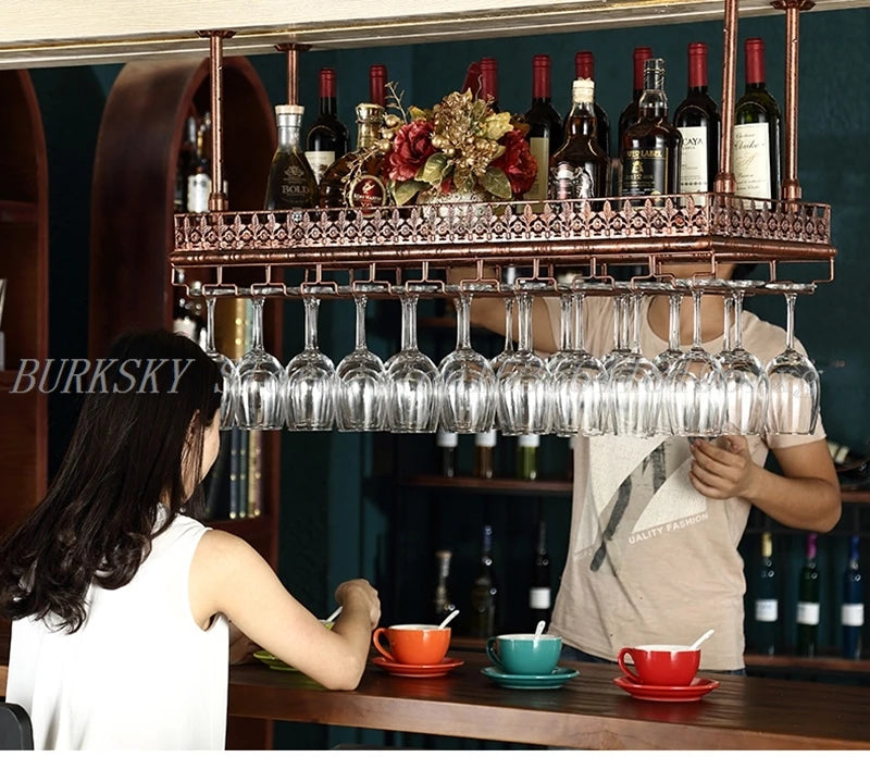 Metal Wine Glass Rack Upside Down Ceiling Hanging Goblet Glass Cup Holder Hanger Storage Home Bar Pub Wine Shelf Rack Organizer