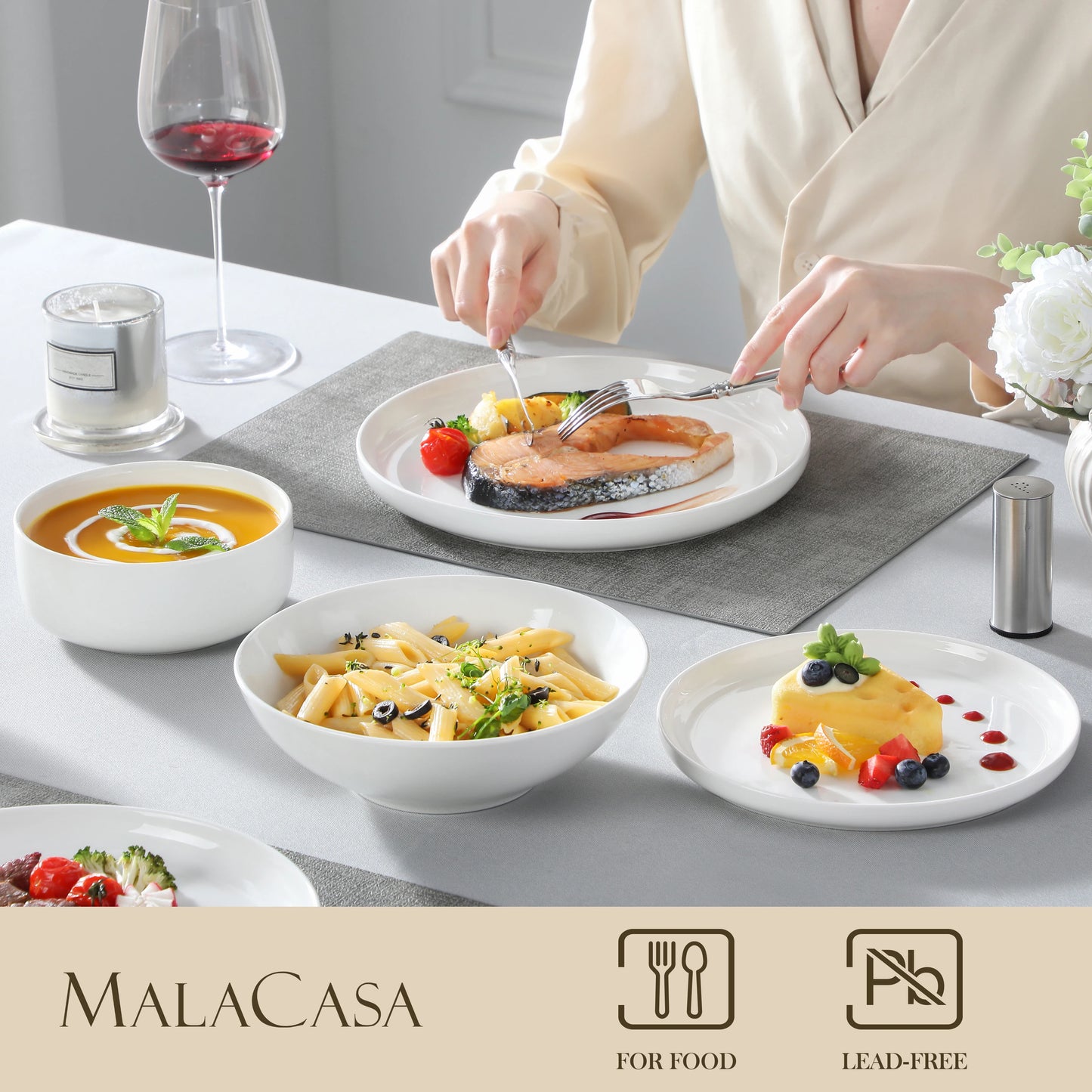 MALACASA 24 Piece Ceramic Plates White Dinnerware Set with 6 Pcs Dinner/Dessert Plates/Soup/Bowl Tableware Set Service for 6