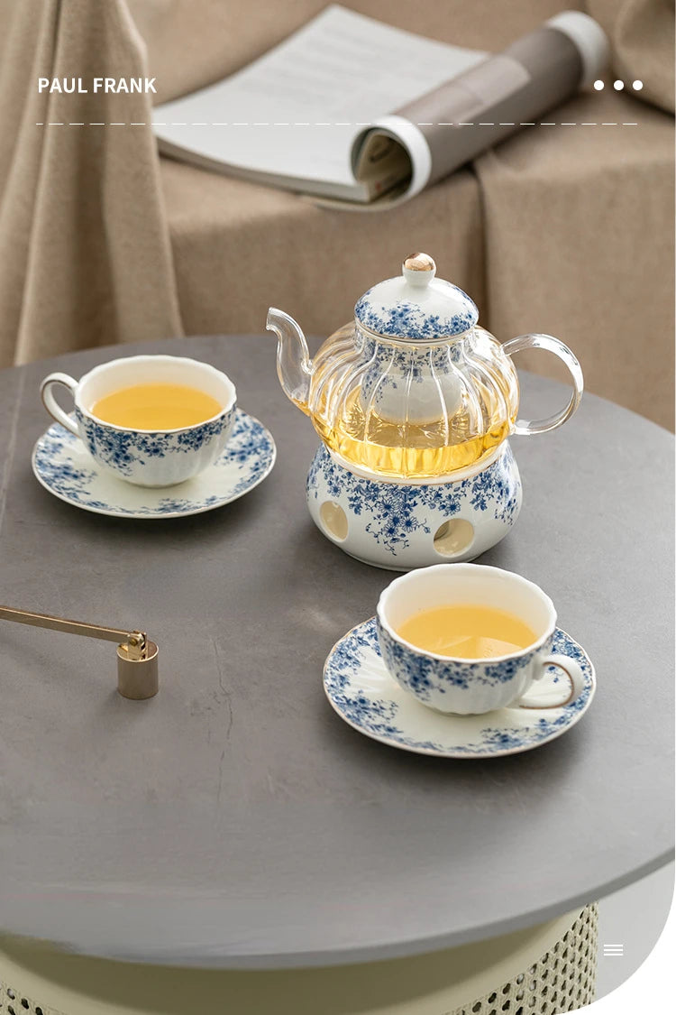 Ceramic tea set Garden style English style afternoon tea retro flower tea teapot can be heated blue and white cup saucer pot set