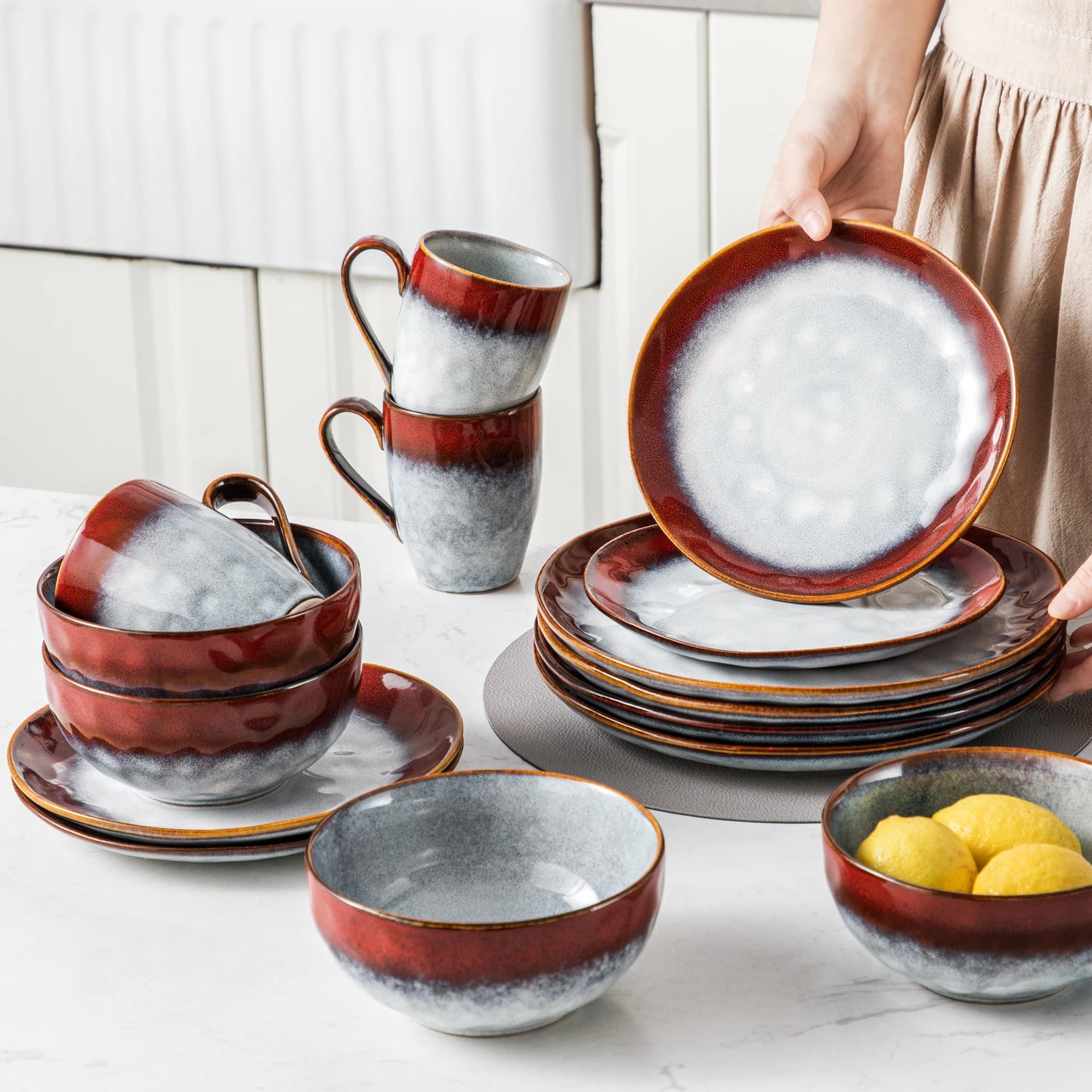 vancasso 16/32/48 Piece Starry Dinner Set,Kiln Change Glaze Tableware Dinner Service with Dinner Plate,Dessert Plate,Bowl,Mug