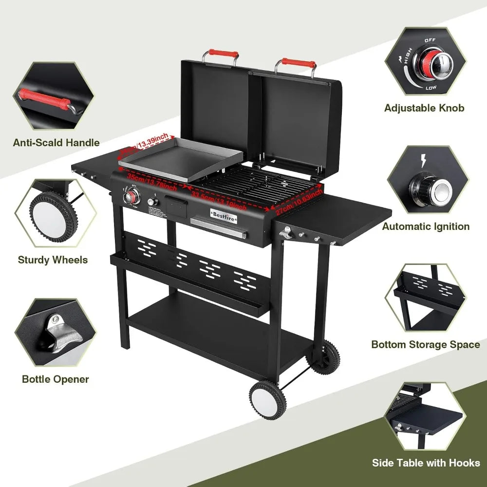 Bestfire Dual Fuel Propane Gas Charcoal Grill Combo Black Dual Lids, Flat Top Grill With 2 Side Shelves for BBQ, Outdoor and Bac