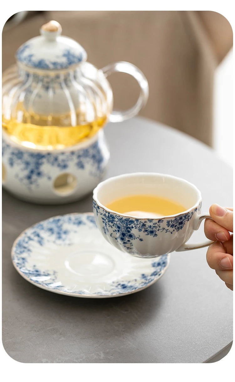 Ceramic tea set Garden style English style afternoon tea retro flower tea teapot can be heated blue and white cup saucer pot set