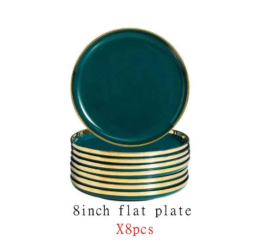 Green With Gold Inlay Quality Plates Full Set Luxury Steak Food Tray Ceramic Dinner Dish Salad Bowl Spoon Porcelain Dinnerware