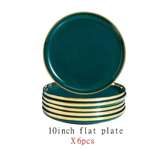 Green With Gold Inlay Quality Plates Full Set Luxury Steak Food Tray Ceramic Dinner Dish Salad Bowl Spoon Porcelain Dinnerware