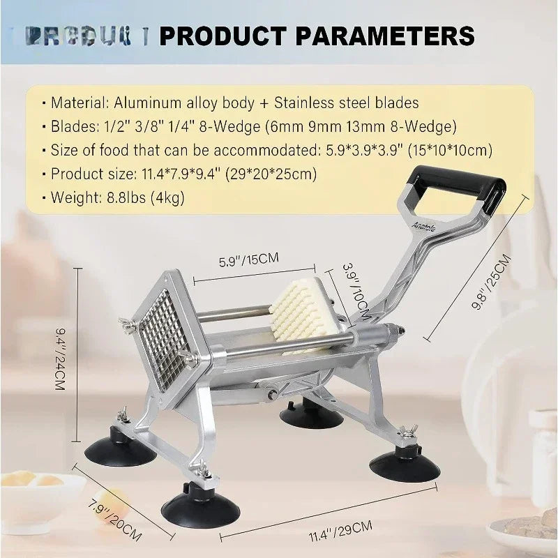 Commercial French Fry Cutter with 1/2'' 3/8'' 1/4'' 8-Wedge Stainless Steel BladesPotato Cutter Dicer Manual Vegetable Chopper