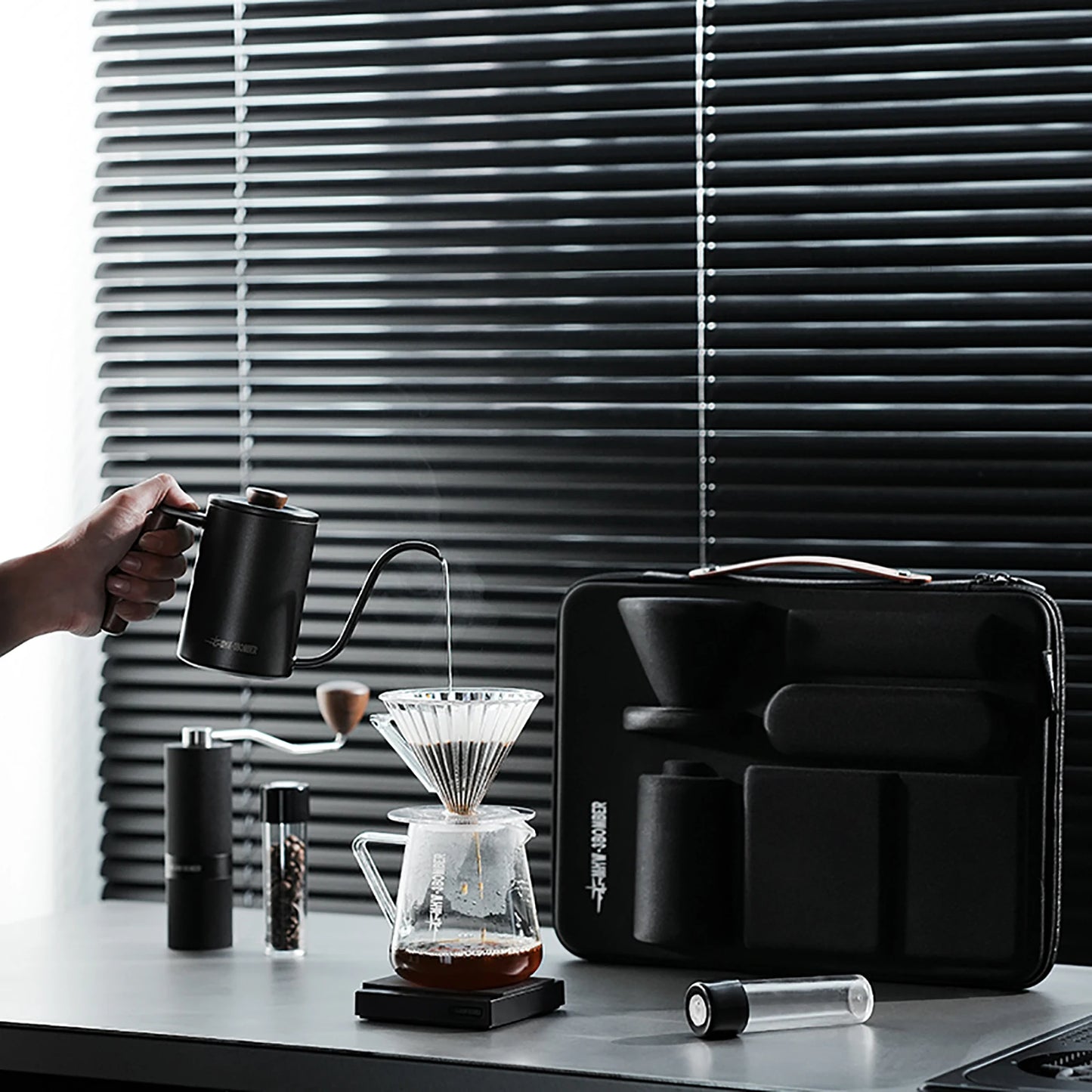 MHW-3BOMBER Pour Over Coffee Kits with Dripper Coffee Pot Coffee Grinder Scale Portable Handbag Outdoor Barista Christmas Gifts