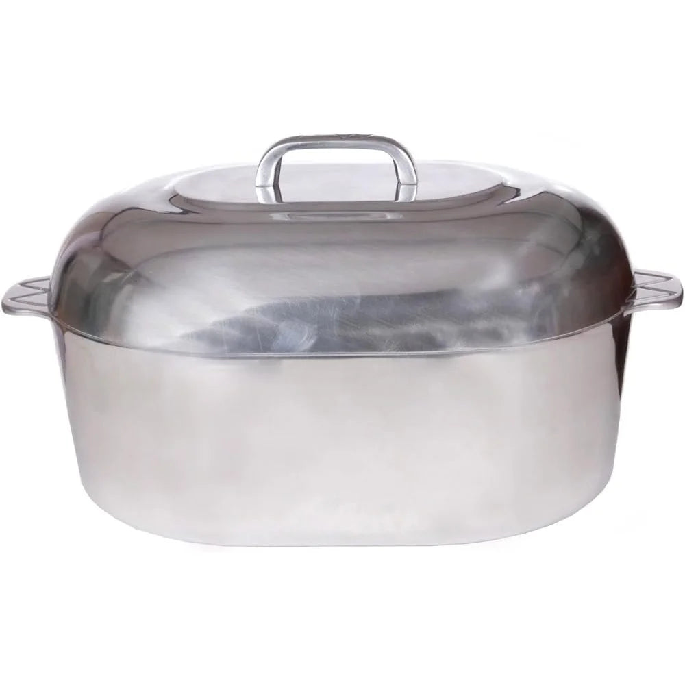 Aluminum Roaster Pan with Lid 15 Inch Heavy Duty Cookware Easy to Clean Oval Pot Roasting Steaming Searing and Sautéing