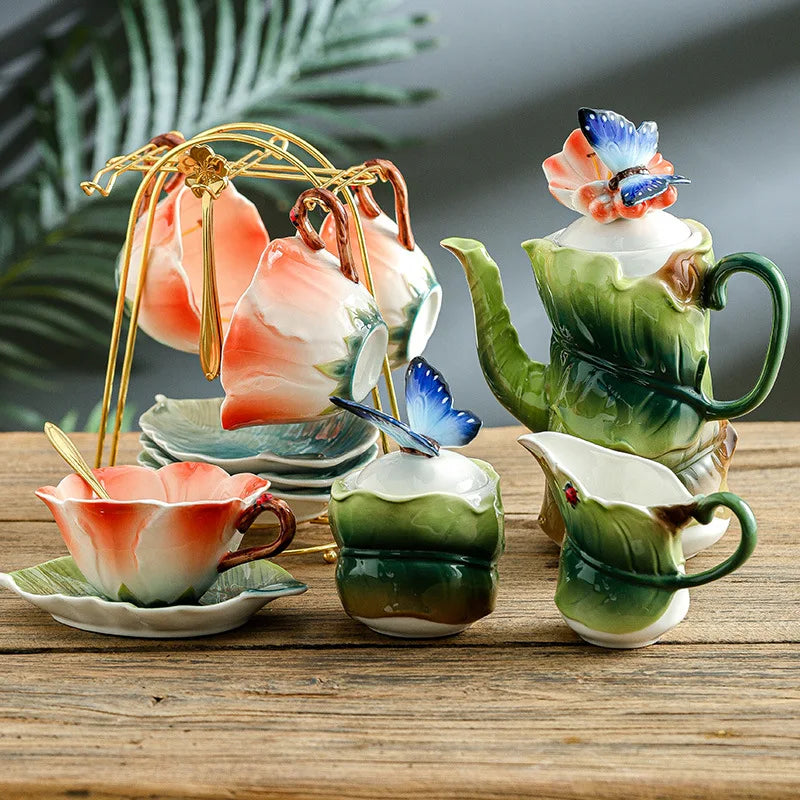 Ceramic Tea Set Teapot Teacup Artificial Flower Shape Cup and Saucer Set Coffee Mug Afternoon Tea Accessories Porcelain