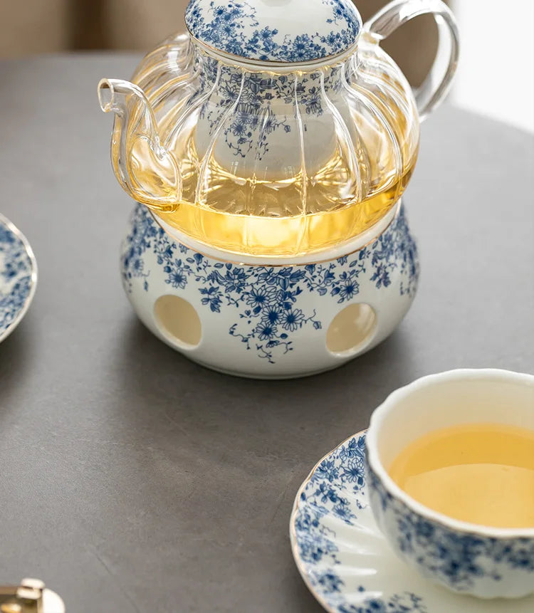 Ceramic tea set Garden style English style afternoon tea retro flower tea teapot can be heated blue and white cup saucer pot set