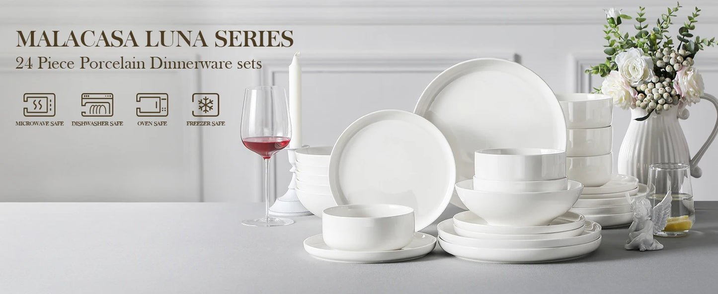 MALACASA 24 Piece Ceramic Plates White Dinnerware Set with 6 Pcs Dinner/Dessert Plates/Soup/Bowl Tableware Set Service for 6