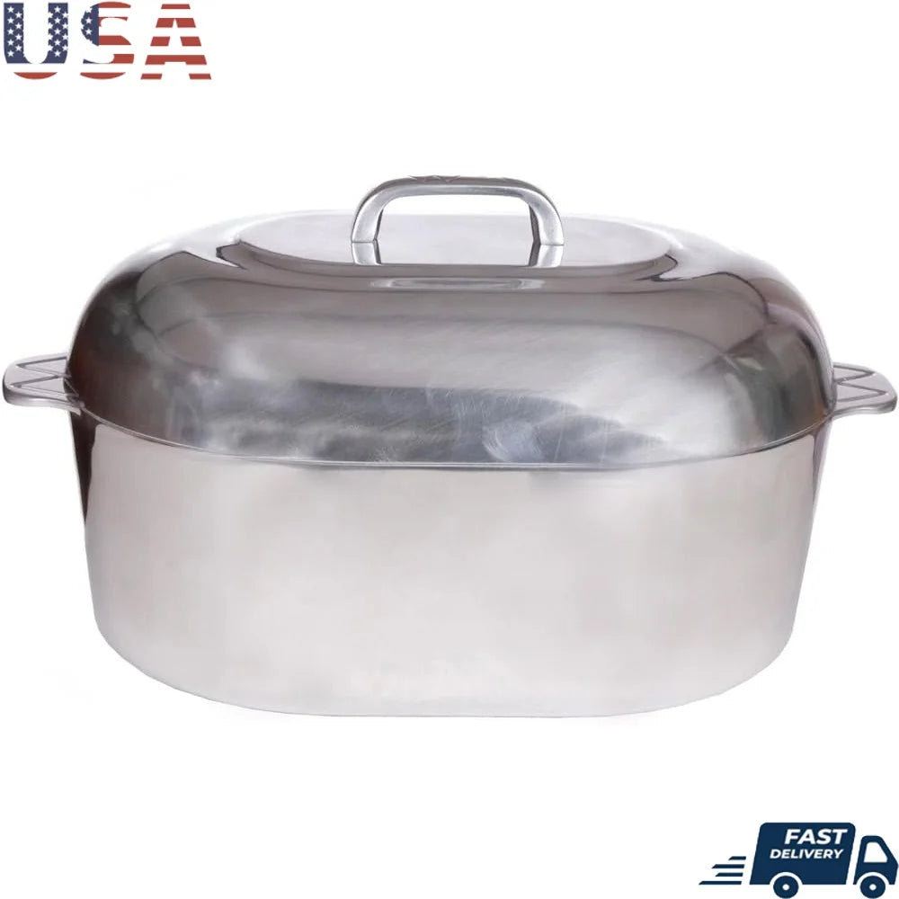 Aluminum Roaster Pan with Lid 15 Inch Heavy Duty Cookware Easy to Clean Oval Pot Roasting Steaming Searing and Sautéing
