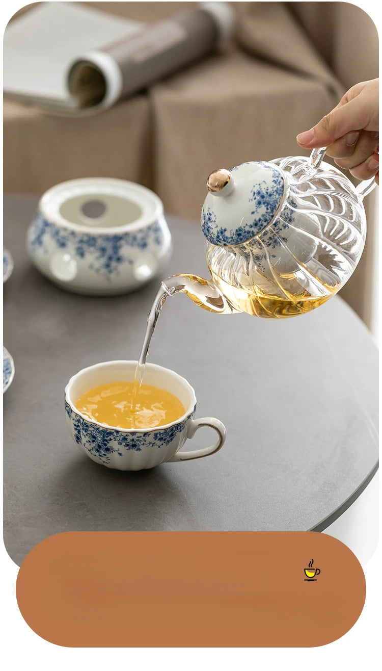 Ceramic tea set Garden style English style afternoon tea retro flower tea teapot can be heated blue and white cup saucer pot set