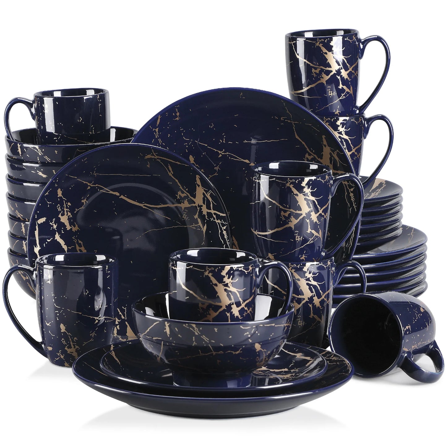 LOVECASA Dark Blue 16/32/48 Piece Procelain Tableware Set Design By Gold Splash with Dinner Plate,Cake plate,Bowls,Coffee Cups