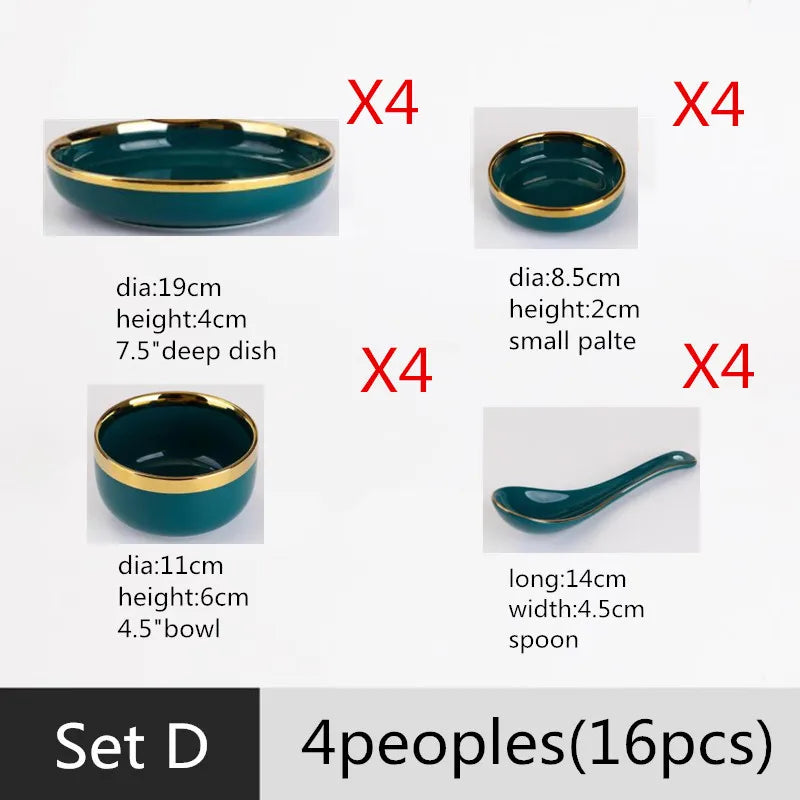 Gilt Rim Green Ceramic Plate Steak Food Plates Bowls Ins Dinner Dish Luxurious Porcelain Dinnerware Set For Family Hotel
