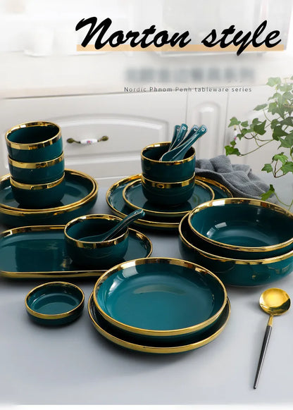 Green With Gold Inlay Quality Plates Full Set Luxury Steak Food Tray Ceramic Dinner Dish Salad Bowl Spoon Porcelain Dinnerware