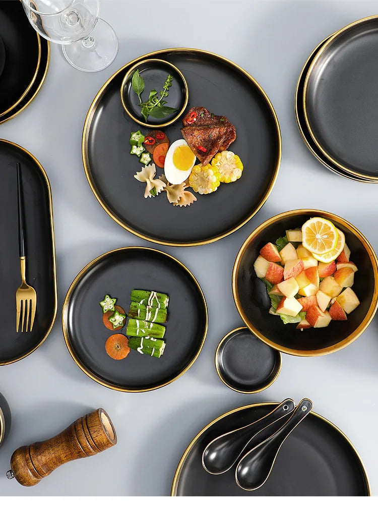 Gilt Rim Black Porcelain Dinner Plates Kitchen Dishes Ceramics Tableware Food Tray Rice Salad Noodles Bowl Cutlery Set