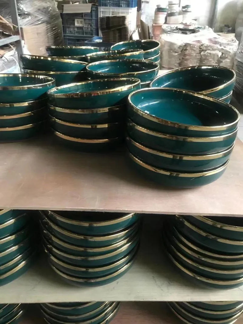 Gilt Rim Green Ceramic Plate Steak Food Plates Bowls Ins Dinner Dish Luxurious Porcelain Dinnerware Set For Family Hotel