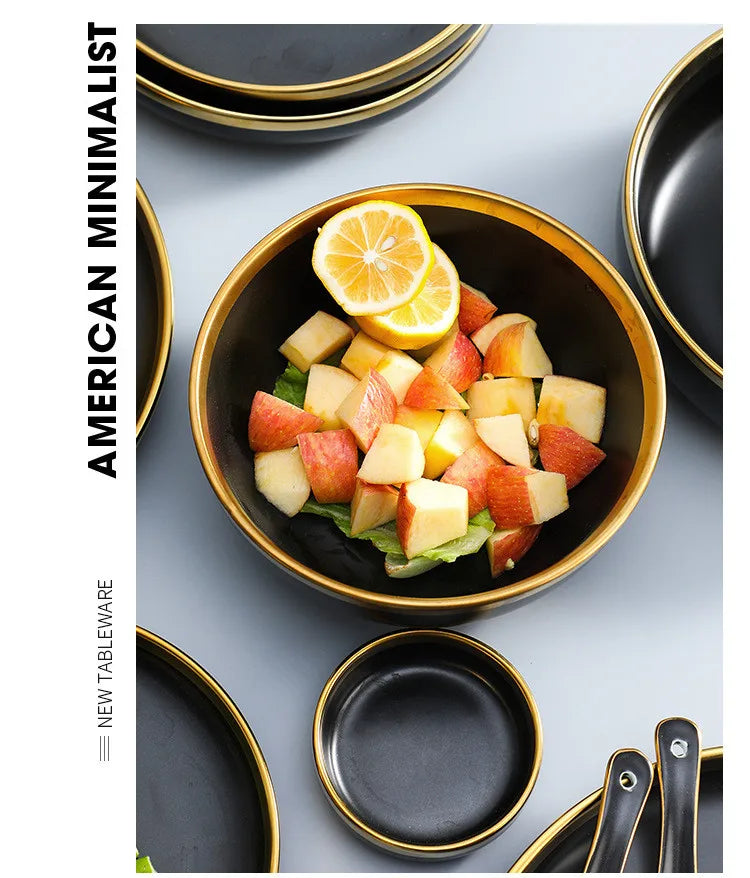 Gilt Rim Black Porcelain Dinner Plates Kitchen Dishes Ceramics Tableware Food Tray Rice Salad Noodles Bowl Cutlery Set