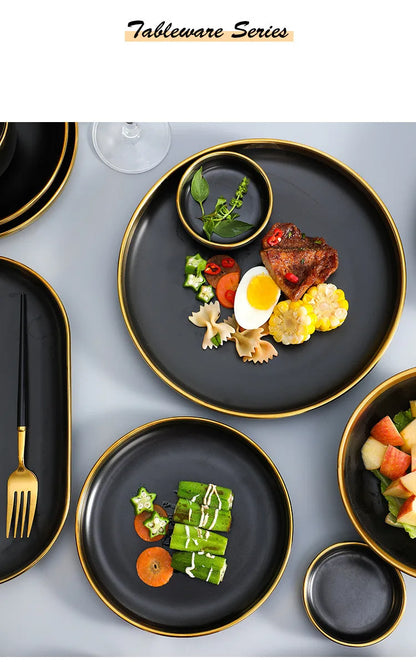 Gilt Rim Black Porcelain Dinner Plates Kitchen Dishes Ceramics Tableware Food Tray Rice Salad Noodles Bowl Cutlery Set