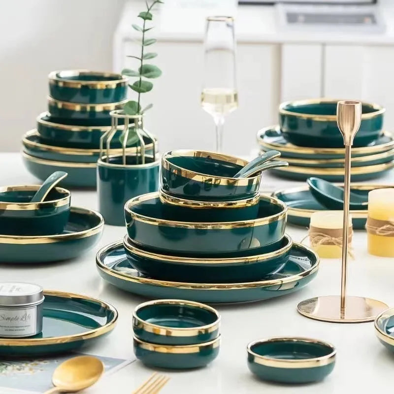 Green With Gold Inlay Quality Plates Full Set Luxury Steak Food Tray Ceramic Dinner Dish Salad Bowl Spoon Porcelain Dinnerware