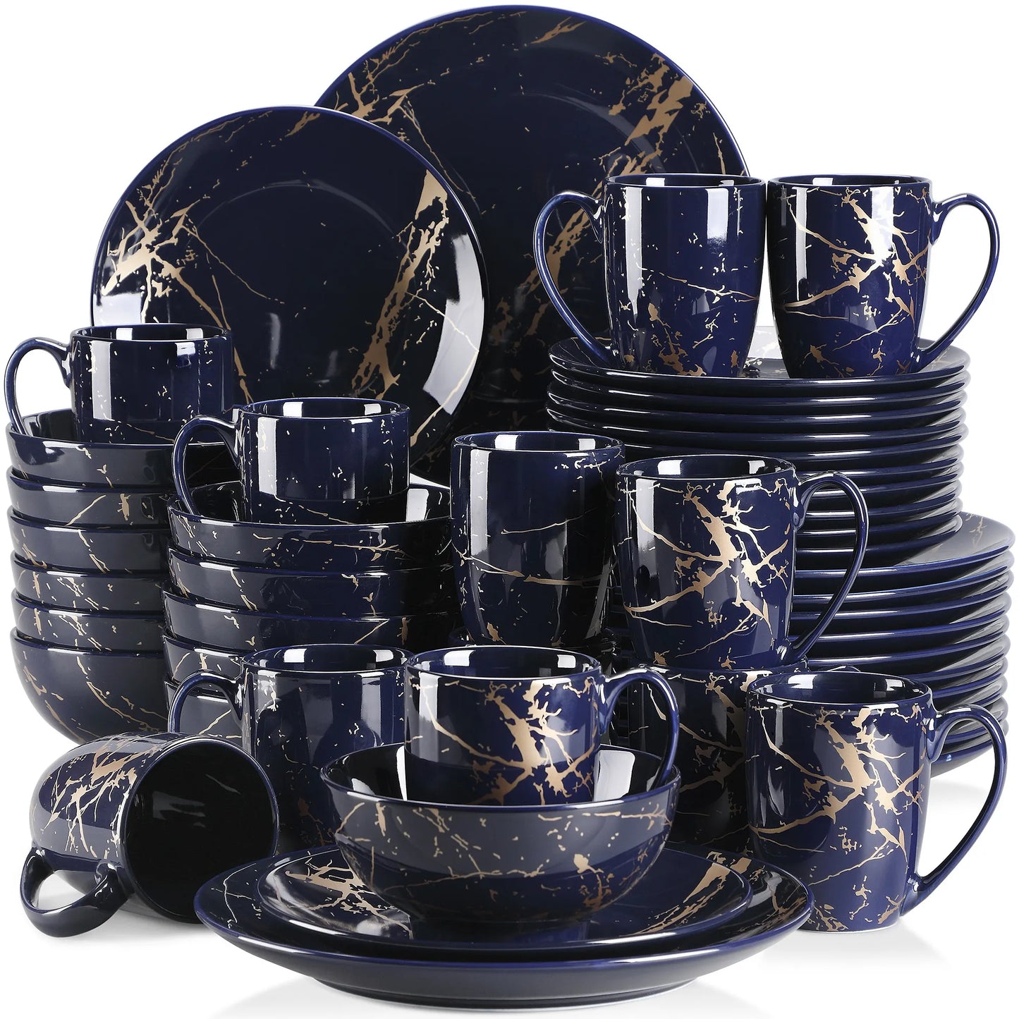 LOVECASA Dark Blue 16/32/48 Piece Procelain Tableware Set Design By Gold Splash with Dinner Plate,Cake plate,Bowls,Coffee Cups