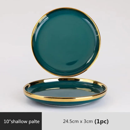 Gilt Rim Green Ceramic Plate Steak Food Plates Bowls Ins Dinner Dish Luxurious Porcelain Dinnerware Set For Family Hotel