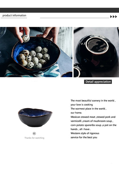 KINGLANG 1/2/4 Person Tableware Set Blue Color Ceramics Irregular Shape Dinner Set Dishes Plate