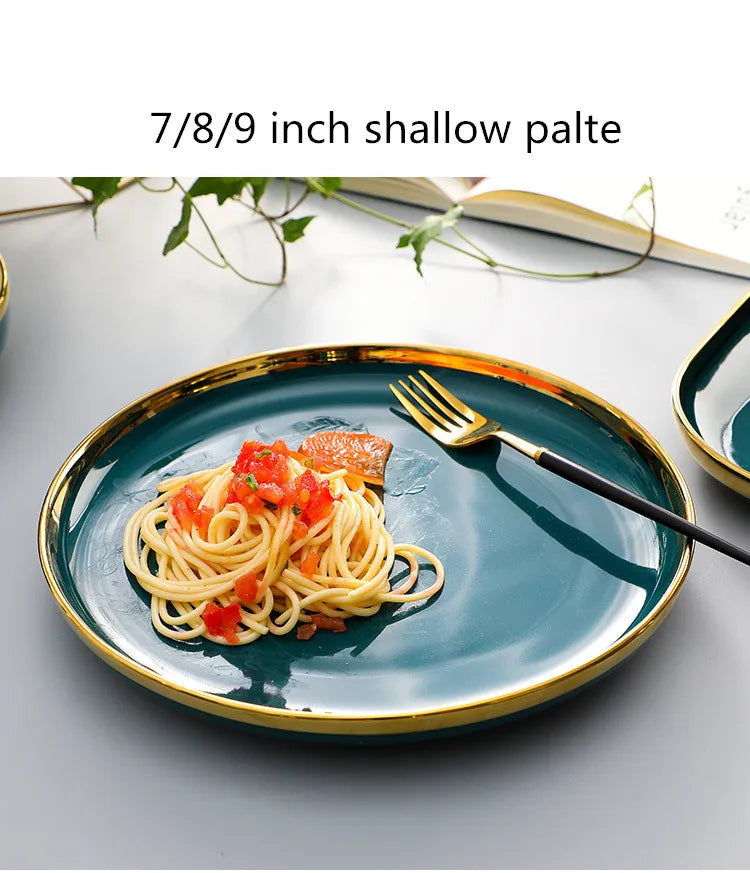 Gilt Rim Green Ceramic Plate Steak Food Plates Bowls Ins Dinner Dish Luxurious Porcelain Dinnerware Set For Family Hotel