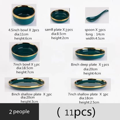 Green With Gold Inlay Quality Plates Full Set Luxury Steak Food Tray Ceramic Dinner Dish Salad Bowl Spoon Porcelain Dinnerware