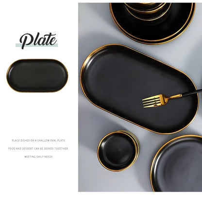 Gilt Rim Black Porcelain Dinner Plates Kitchen Dishes Ceramics Tableware Food Tray Rice Salad Noodles Bowl Cutlery Set