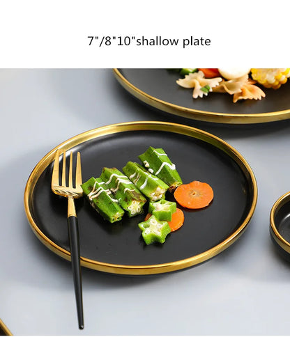 Gilt Rim Black Porcelain Dinner Plates Kitchen Dishes Ceramics Tableware Food Tray Rice Salad Noodles Bowl Cutlery Set