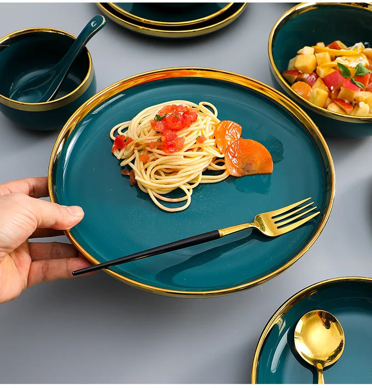 Green With Gold Inlay Quality Plates Full Set Luxury Steak Food Tray Ceramic Dinner Dish Salad Bowl Spoon Porcelain Dinnerware