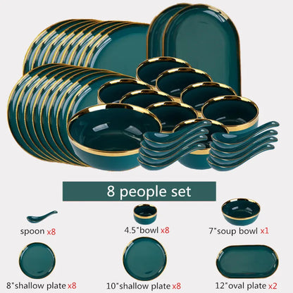 Green With Gold Inlay Quality Plates Full Set Luxury Steak Food Tray Ceramic Dinner Dish Salad Bowl Spoon Porcelain Dinnerware