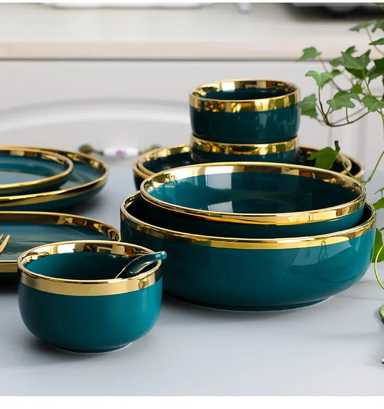Green With Gold Inlay Quality Plates Full Set Luxury Steak Food Tray Ceramic Dinner Dish Salad Bowl Spoon Porcelain Dinnerware