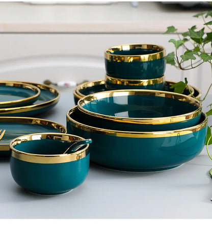 Green With Gold Inlay Quality Plates Full Set Luxury Steak Food Tray Ceramic Dinner Dish Salad Bowl Spoon Porcelain Dinnerware
