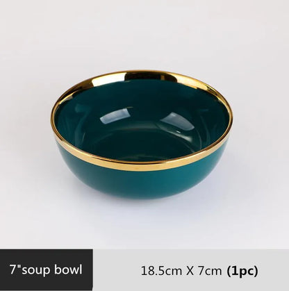 Gilt Rim Green Ceramic Plate Steak Food Plates Bowls Ins Dinner Dish Luxurious Porcelain Dinnerware Set For Family Hotel