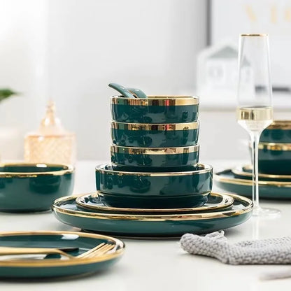 Green With Gold Inlay Quality Plates Full Set Luxury Steak Food Tray Ceramic Dinner Dish Salad Bowl Spoon Porcelain Dinnerware