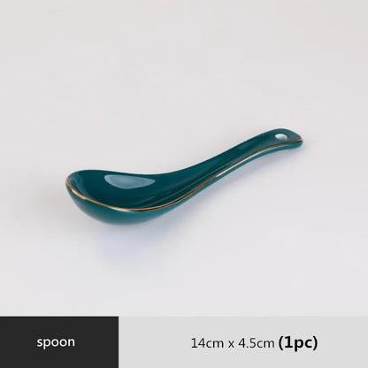 Gilt Rim Green Ceramic Plate Steak Food Plates Bowls Ins Dinner Dish Luxurious Porcelain Dinnerware Set For Family Hotel