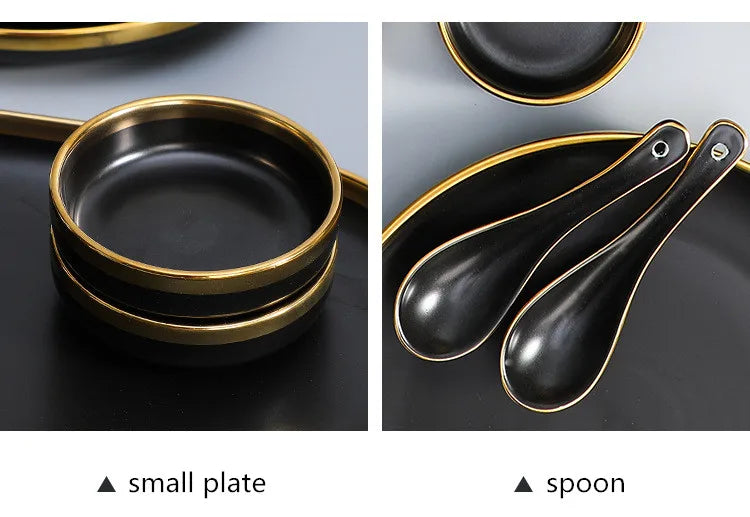 Gilt Rim Black Porcelain Dinner Plates Kitchen Dishes Ceramics Tableware Food Tray Rice Salad Noodles Bowl Cutlery Set