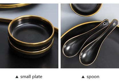 Gilt Rim Black Porcelain Dinner Plates Kitchen Dishes Ceramics Tableware Food Tray Rice Salad Noodles Bowl Cutlery Set