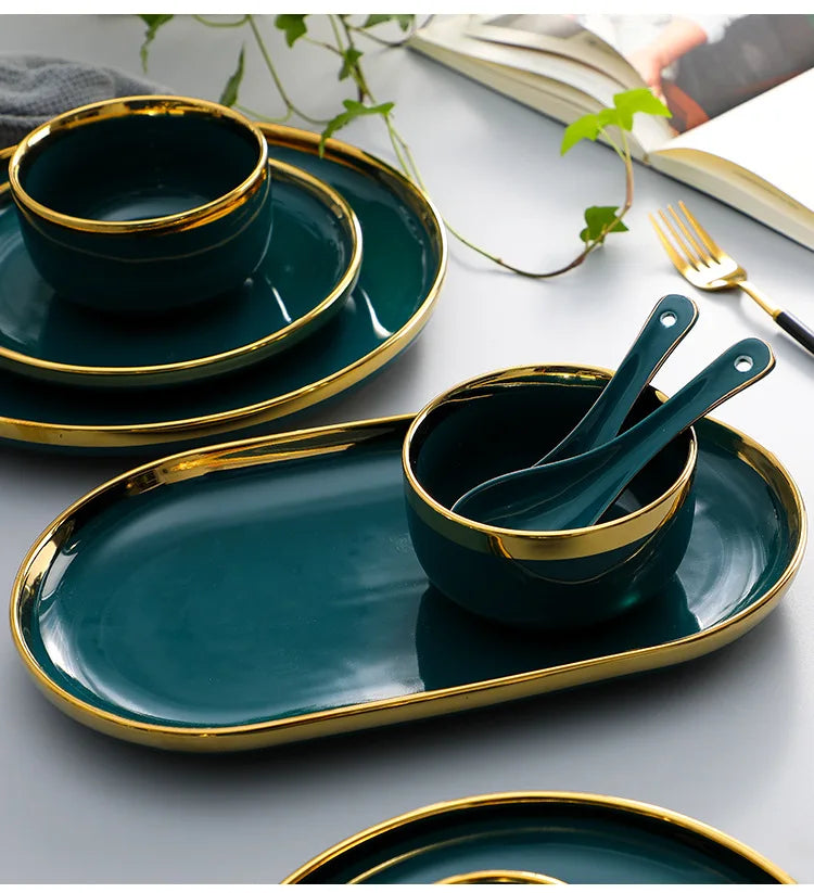 Green With Gold Inlay Quality Plates Full Set Luxury Steak Food Tray Ceramic Dinner Dish Salad Bowl Spoon Porcelain Dinnerware