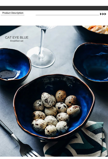 KINGLANG 1/2/4 Person Tableware Set Blue Color Ceramics Irregular Shape Dinner Set Dishes Plate