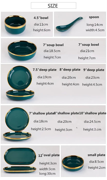 Green With Gold Inlay Quality Plates Full Set Luxury Steak Food Tray Ceramic Dinner Dish Salad Bowl Spoon Porcelain Dinnerware