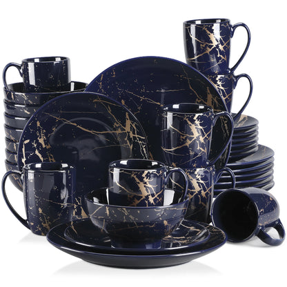 LOVECASA Dark Blue 16/32/48 Piece Procelain Tableware Set Design By Gold Splash with Dinner Plate,Cake plate,Bowls,Coffee Cups