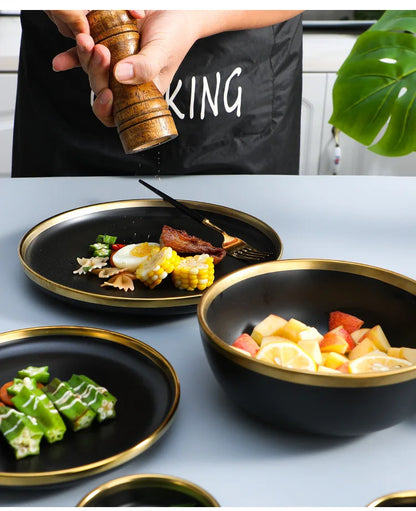 Gilt Rim Black Porcelain Dinner Plates Kitchen Dishes Ceramics Tableware Food Tray Rice Salad Noodles Bowl Cutlery Set