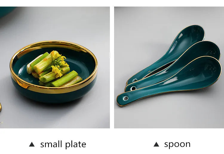 Gilt Rim Green Ceramic Plate Steak Food Plates Bowls Ins Dinner Dish Luxurious Porcelain Dinnerware Set For Family Hotel