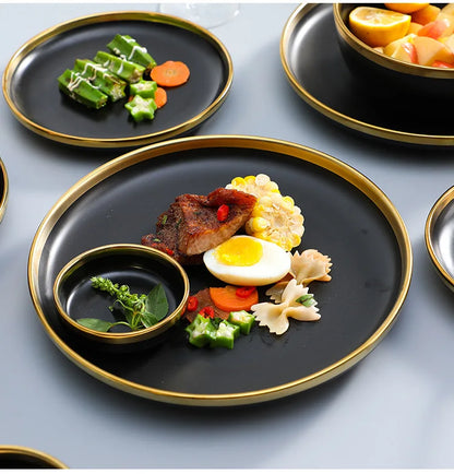 Gilt Rim Black Porcelain Dinner Plates Kitchen Dishes Ceramics Tableware Food Tray Rice Salad Noodles Bowl Cutlery Set
