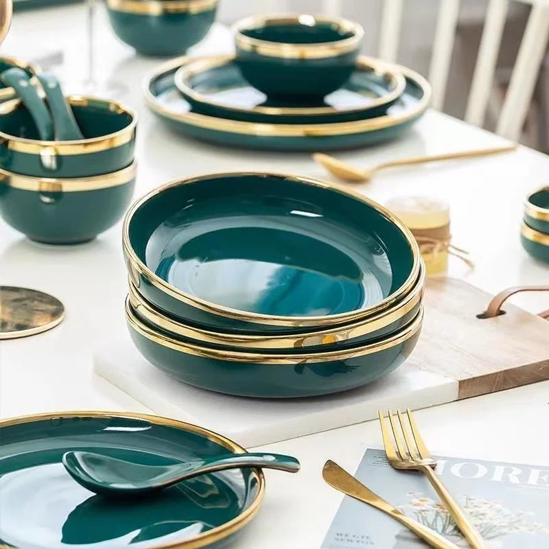 Green With Gold Inlay Quality Plates Full Set Luxury Steak Food Tray Ceramic Dinner Dish Salad Bowl Spoon Porcelain Dinnerware