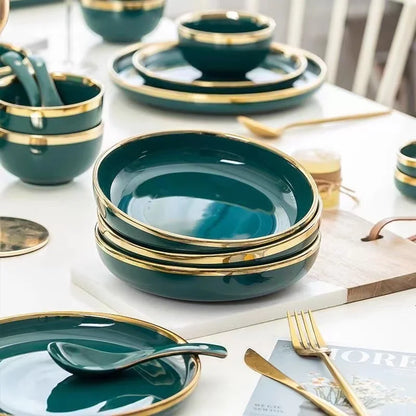 Green With Gold Inlay Quality Plates Full Set Luxury Steak Food Tray Ceramic Dinner Dish Salad Bowl Spoon Porcelain Dinnerware